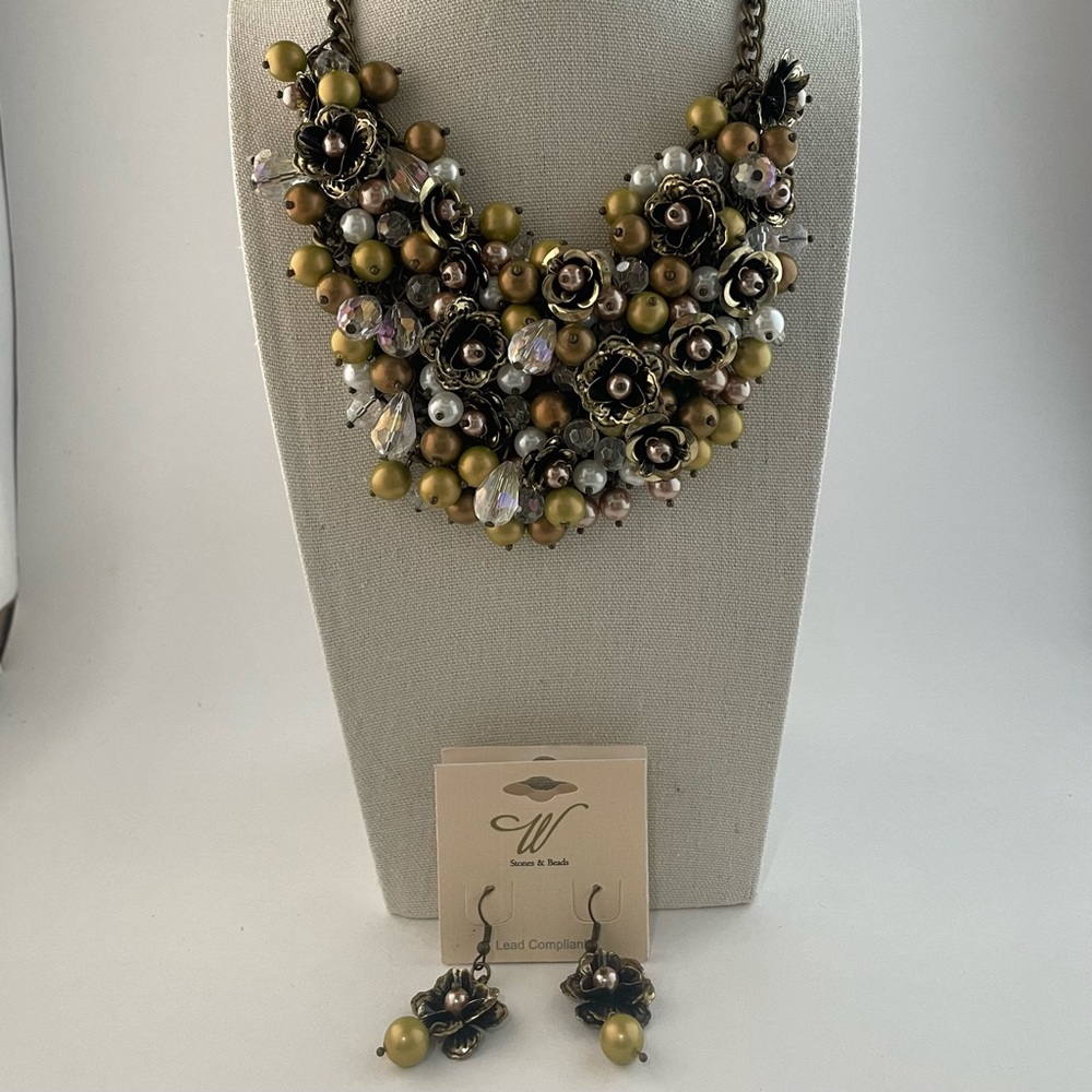 Fashion Jewelry Set Statement Bib Necklace and Matching Pierced Earrings